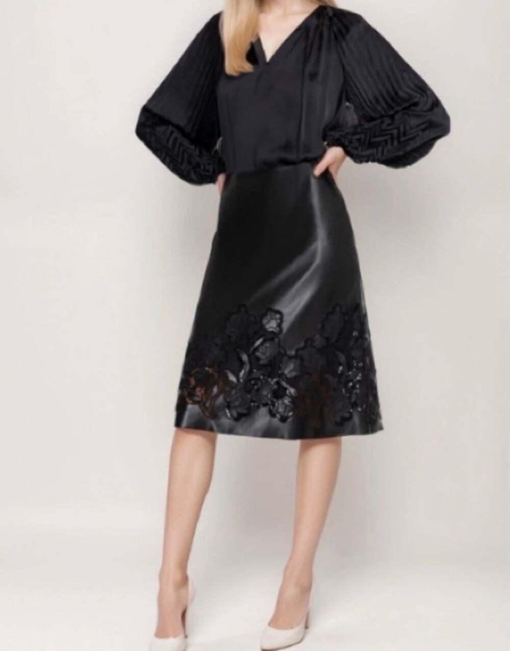 Johnny Was Jade Enid Vegan Leather Black Midi Skirt - Women's Size XL